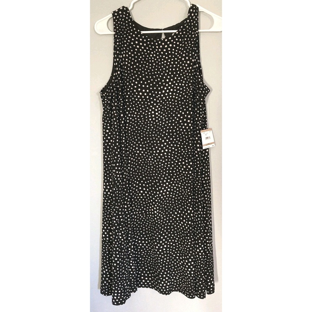 Anne Klein Dress Women 12 Wht Polka Dot Sleeveless ALine Knee Length Stretch NWT